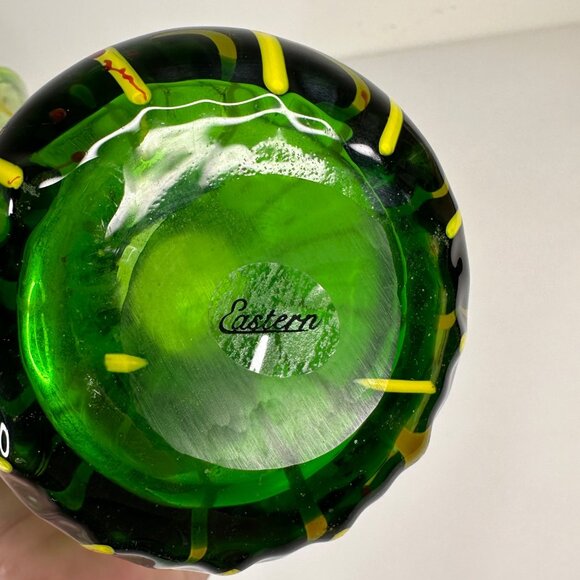 Eastern Hand-Blown Green Glass Vase With Yellow & Red Swirl Design 10.5" - Picture 6 of 12
